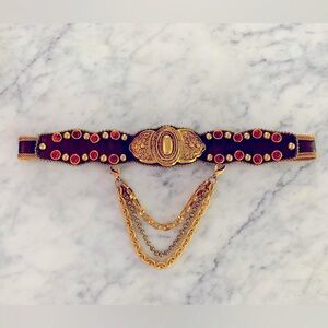 90’s vintage leather belt with Amber studs with gold chains attachment  size 32”